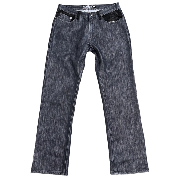 Y2K REFLEX JEANS men's black embroidered velvet detail low straight jeans, 34". - Picture 2 of 4